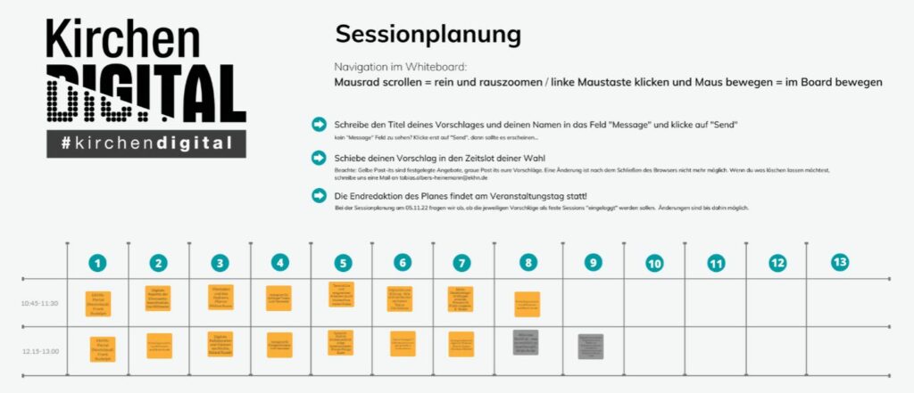 Screenshot vom Flinga-Board Sessionplanung mit 17 Workshops verteilt auf zwei Sessions
